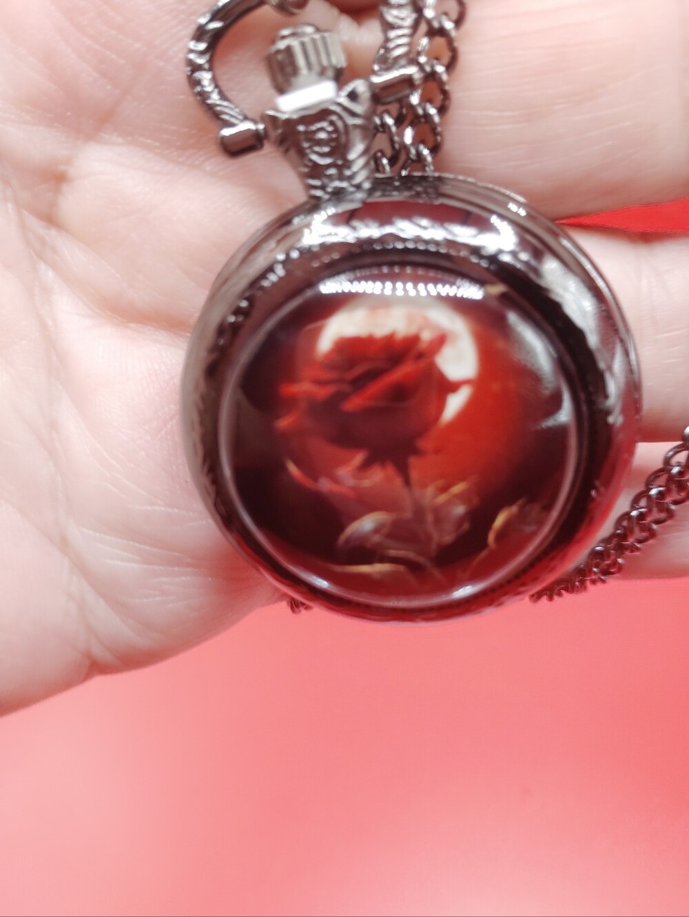 Vintage-Style Red Rose Pocket Watch Necklace - Women Jewelry NWT New Battery
